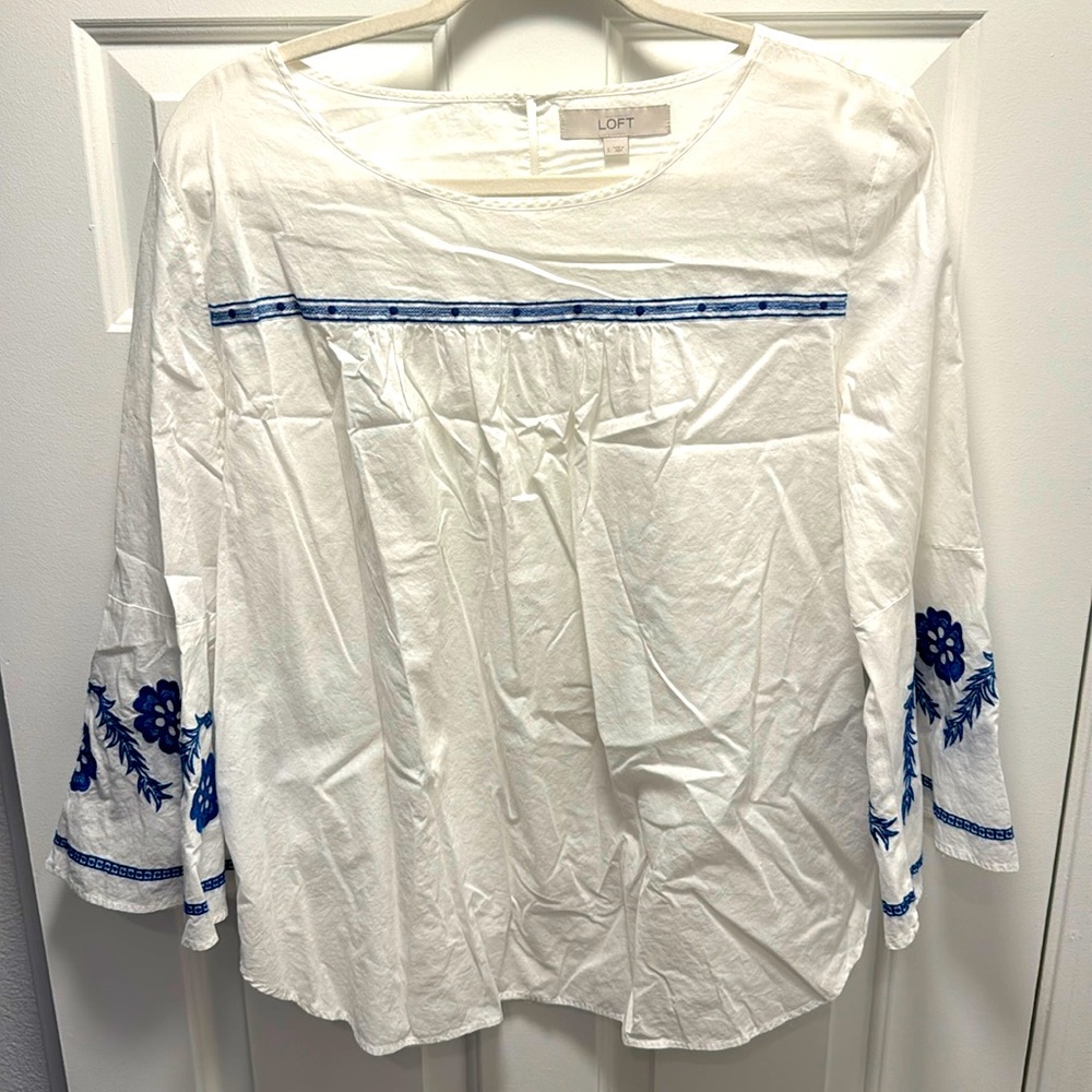 Loft White Cotton Top with Blue Embroidery - Sz L